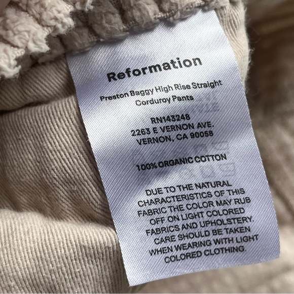 Reformation Jeans Preston Baggy High Rise Straight Corduroy Pants Cement 26 - Picture 9 of 13